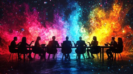 Abstract business meeting with people exchanging colorful ideas represented as glowing lines, idea exchange, innovative collaboration