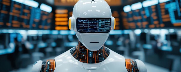 Artificial intelligence circuits overlaying a traditional stock market floor, AI in traditional finance, robotic takeover of manual trading