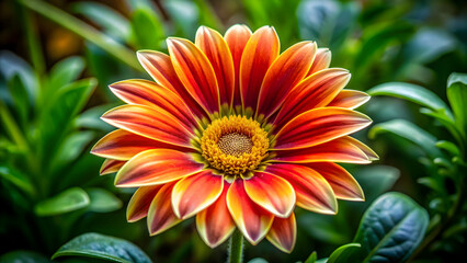 Vibrant orange Gazania flower with a yellow center, showcasing its daisy-like beauty.
