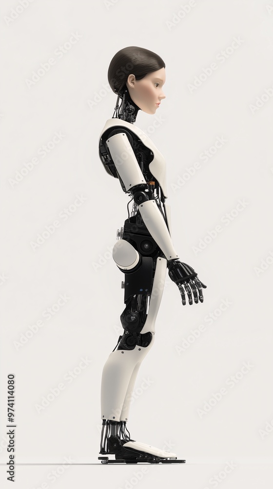Poster the silent evolution: a photorealistic 3d render of a sleek, humanoid robot, its monochrome design s