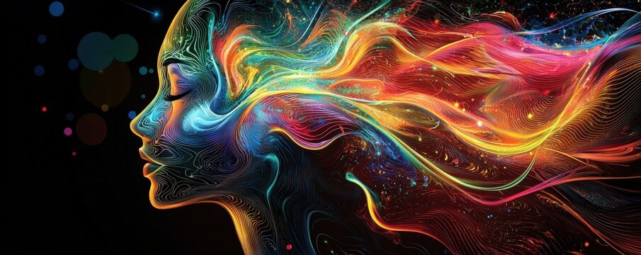 Abstract head filled with colorful swirling lines, representing business ideas and innovation, creative thinking, concept development