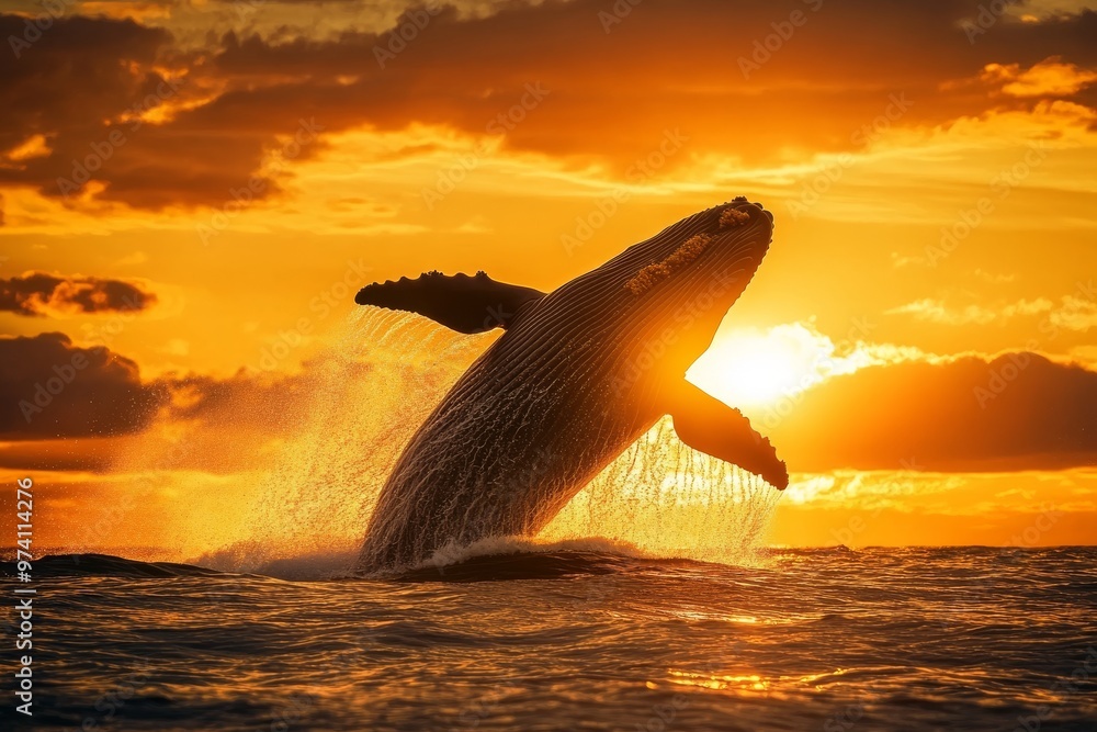 Wall mural Majestic Whale Breaching at Sunset