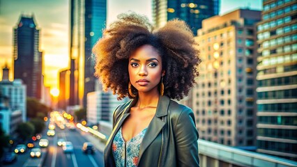 Confident and radiant African American woman with natural hair and flawless skin, posing in a trendy outfit against