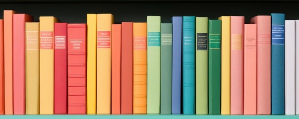 A colorful bookshelf organized by genre, with books on education, history, and adventure, colorful bookshelf, genres, education