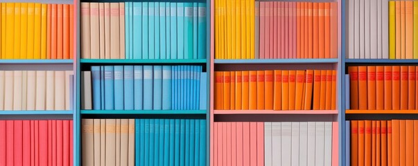Obraz premium A colorful bookshelf organized by genre, with books on education, history, and adventure, colorful bookshelf, genres, education