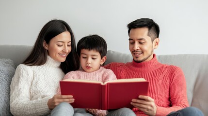 Fototapeta premium A family gathered together on the couch, reading aloud from a favorite book, family, couch, reading aloud