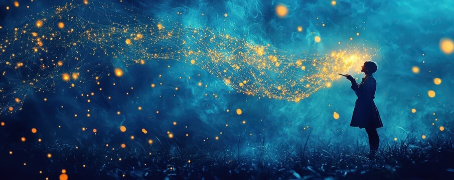 Person catching floating glowing ideas in a net, symbolizing gathering creative business concepts, idea collection, innovation in business