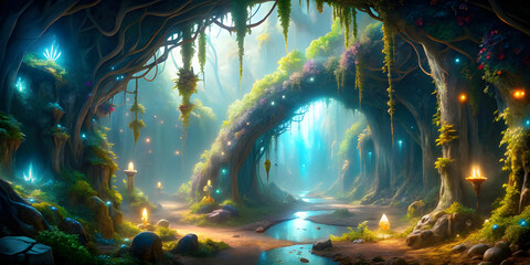 A winding, glowing vine leads to a mystical cave filled with shimmering crystals and ancient runes.