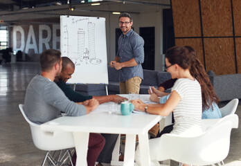 Obraz premium Presentation, whiteboard or man in office for meeting, productivity or positive reinforcement in startup. Small business, leader or happy people in boardroom for seminar with graph for company growth