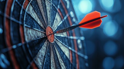 Close-up of a dart striking the bullseye, bright red fletching against a dark worn target, cool bluish light, shallow depth of field creating a sharp focus on precision and accuracy