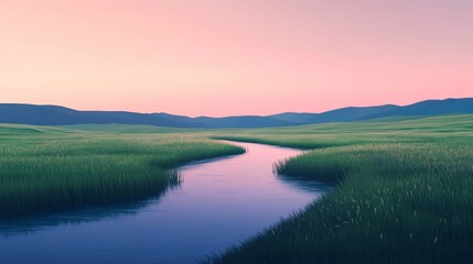 Fototapeta premium A serene landscape featuring a winding river amidst lush green fields under a pastel sky at dusk.