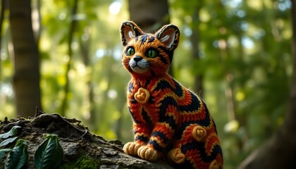needlework depiction of a cat, intricately crafted from colorful wool, set against a textured