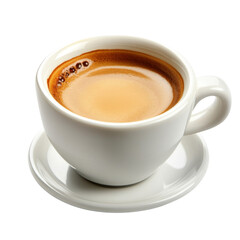 Obraz premium 38. A hot cup of espresso served in a small white cup, isolated on a white background, showcasing rich, dark coffee and a layer of crema on top