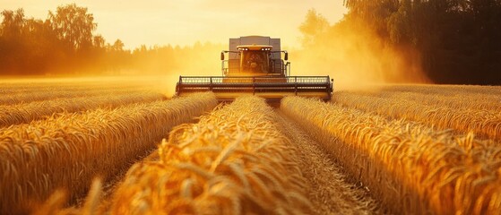 A stunning sunset over a golden wheat field, showcasing a combine harvester efficiently gathering the harvest.