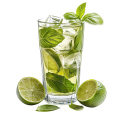 50. A glass of fresh lime soda with ice cubes and mint leaves, isolated on a white background, showcasing vibrant green tones and refreshing details