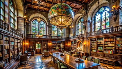 Fototapeta premium Cozy, historic town library with worn wooden shelves, vintage globes, and ornate chandeliers, surrounded by old stone