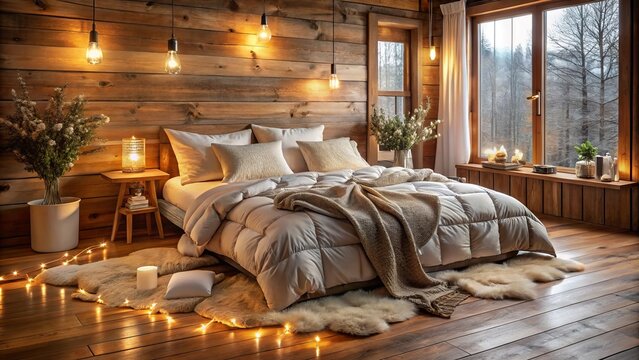 Cozy down comforter sprawled across a rustic wooden floor, surrounded by plush pillows, soft blankets, and warm