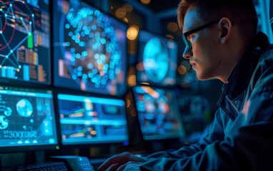 Focused analyst working on multiple screens displaying data graphs and digital networks in a high-tech environment.