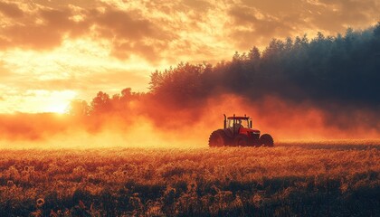 Fototapeta premium Tractor working in a golden field during sunset, surrounded by mist and trees, capturing the beauty of rural landscapes.