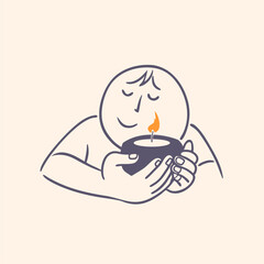 Man holding candle. Symbol of prayer and church concept in simple linear style. Doodle outline illustration. Memorial linear symbol.