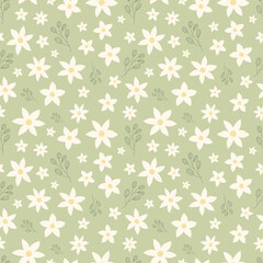 Elegant seamless pattern with abstract flowers and leaves. Simple floral pattern vector. White flowers on green background.