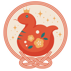 巳年年賀状アイコン、レトロカラー、かわいい、イラスト、巳年、赤蛇
