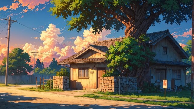 Anime Wallpaper 8k Depicting a House in the Village with Tree Beside It and Sunset Sky