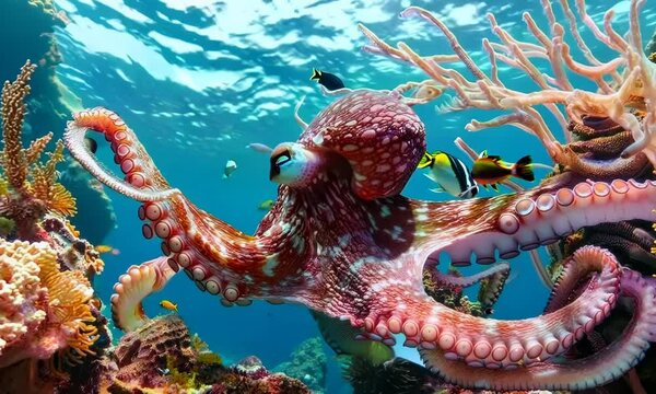 Octopus camouflaged against coral backdrop, Video