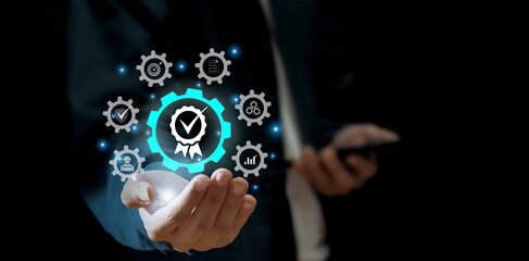 Quality Assurance, Standard Warranty ISO, businessman working with computer services, quality certification concept, standards