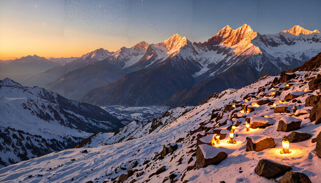 Lever de soleil sur des montagnes enneig&eacute;es illumin&eacute;es par des lanternes