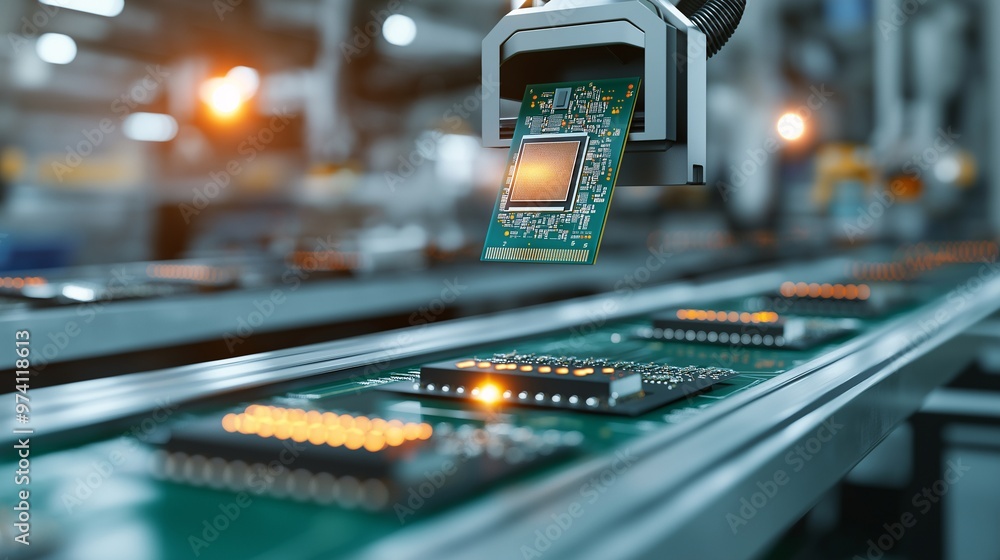 Poster a state-of-the-art conveyor system in a tech factory assembling circuit boards with precision