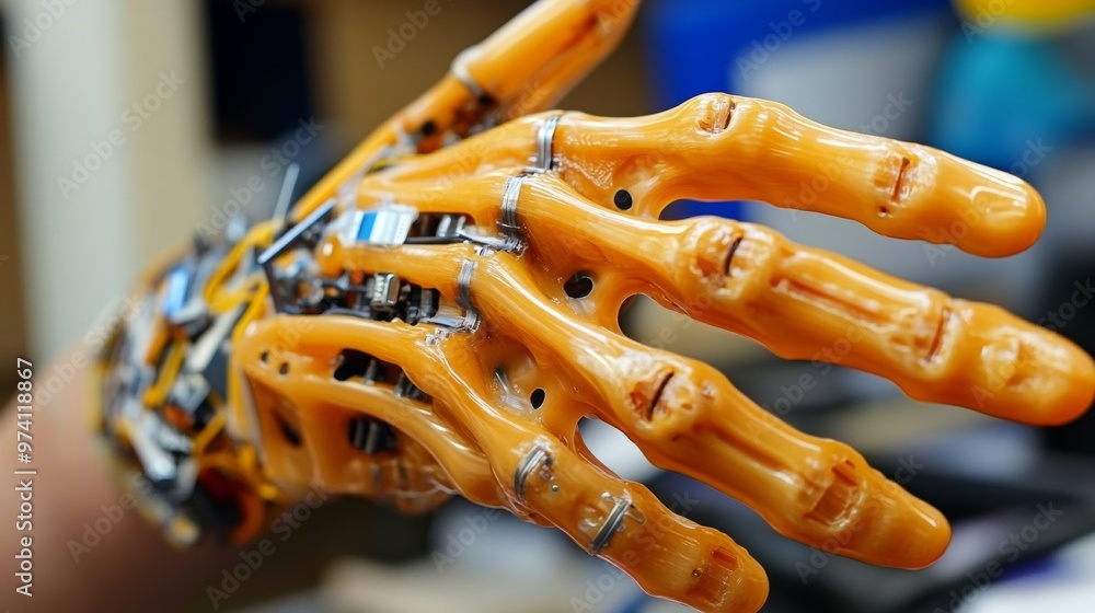 Poster futuristic 3d printed prosthetic limb enhanced with smart sensors for enhanced functionality and com