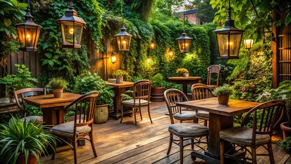 Obraz premium Cozy outdoor seating area surrounded by lush greenery and vintage lanterns, with wooden tables and rustic chairs,