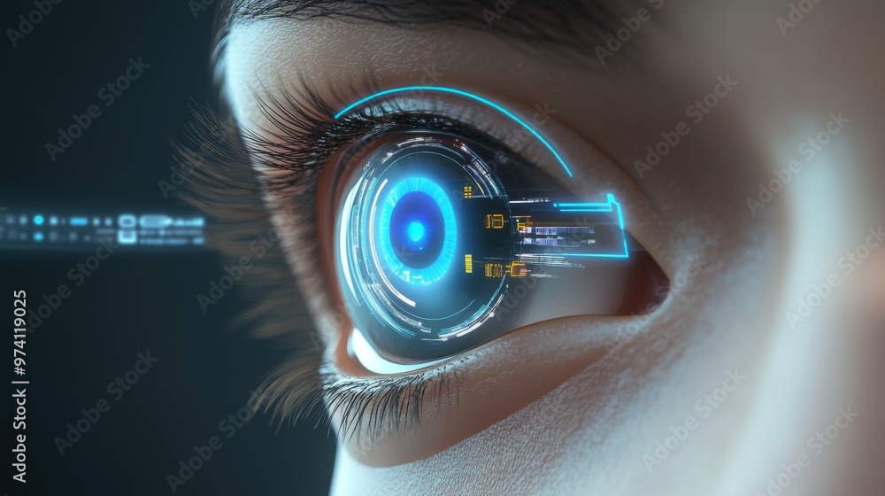 Poster futuristic bionic eye implant technology with heads-up display interface for augmented reality visio