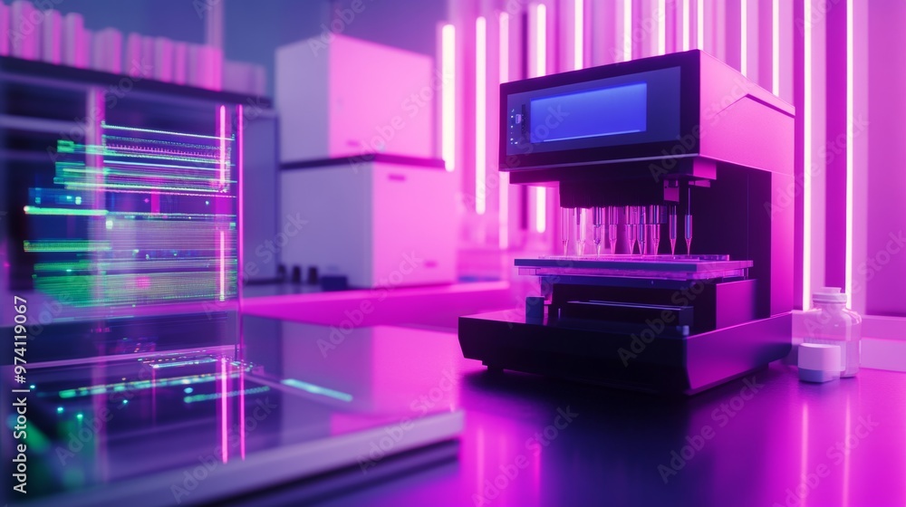 Poster cutting-edge biotechnology lab with gene sequencing machine and holographic readout