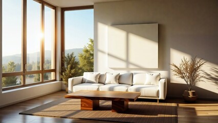 Serene Living Room with Mountain View, Modern living room interior featuring a white sofa and wooden coffee table. A large window offers a picturesque view of trees and mountains bathed in sunlight.