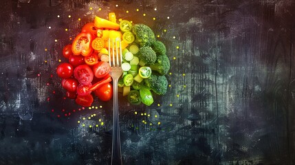Close-up of a fork piercing a glowing rainbow of colorful healthy foods, symbolizing balanced nutrition and dietary variety.Diet plan,World Health Day,vegetarian,nutrition campaigns,wellness promotion