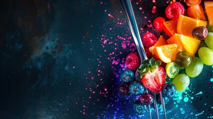 Close-up of a fork piercing a glowing rainbow of colorful healthy foods, symbolizing balanced nutrition and dietary variety.Diet plan,World Health Day,vegetarian,nutrition campaigns,wellness promotion