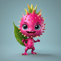 Fototapeta premium 3D fruit character dragon red fruit with big eyes and happy smile in face fun, 3D render
