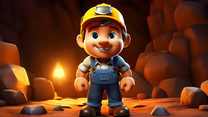 3D Cartoon-Style Gold Miner Character in a Vibrant Mine Setting