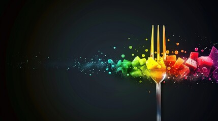 Close-up of a fork piercing a glowing rainbow of colorful healthy foods, symbolizing balanced nutrition and dietary variety.Diet plan,World Health Day,vegetarian,nutrition campaigns,wellness promotion