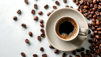 Naklejka premium Cup of coffee surrounded by scattered coffee beans on a clean, white background. Perfect for coffee enthusiasts and use in cafe menus, blogs, and food photography.