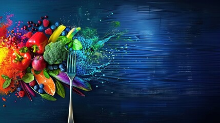 Close-up of a fork piercing a glowing rainbow of colorful healthy foods, symbolizing balanced nutrition and dietary variety.Diet plan,World Health Day,vegetarian,nutrition campaigns,wellness promotion
