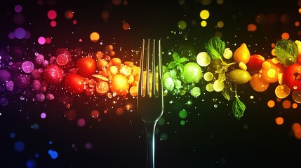 Close-up of a fork piercing a glowing rainbow of colorful healthy foods, symbolizing balanced nutrition and dietary variety.Diet plan,World Health Day,vegetarian,nutrition campaigns,wellness promotion