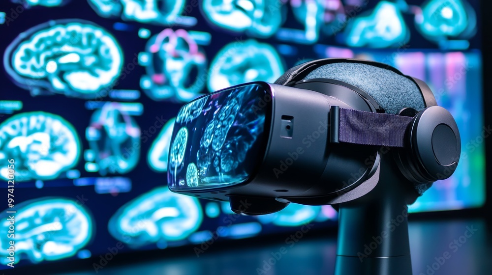 Poster futuristic technology concept: virtual reality headset and brain scan images on screen