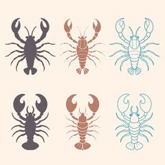 Lobster or crayfish icons set. Seafood shop logo, signboard, restaurant menu, fish market, banner, poster design template. Fresh seafood or shellfish product.