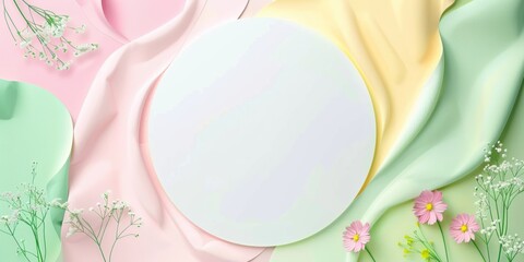 Fototapeta premium Soft pastel background - draped fabric textures in pink, green, yellow tones, central white circle podium platform, frame. Abstract neutral feminine banner, flyer, certificate, greeting card design