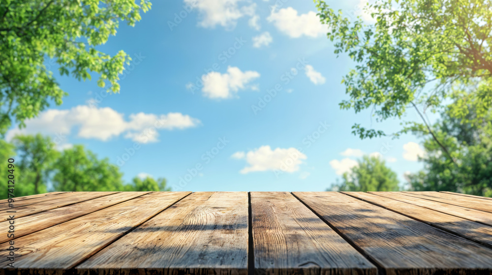 Poster empty wooden table top with blurred green trees and blue sky background