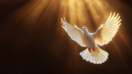 Fototapeta premium White dove in flight with glowing wings against a sunlit background, captured in a dramatic, artistic photograph. Generative AI