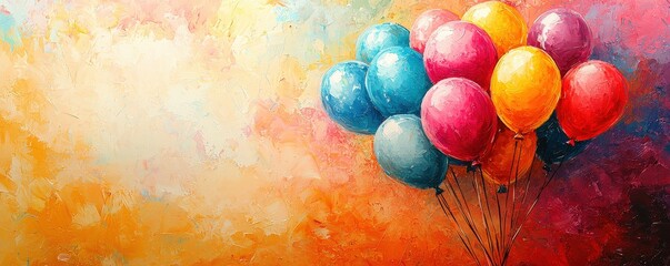 A lively bunch of colorful balloons contrasting against a vivid backdrop with open space for text, evoking a sense of joy and celebration water color